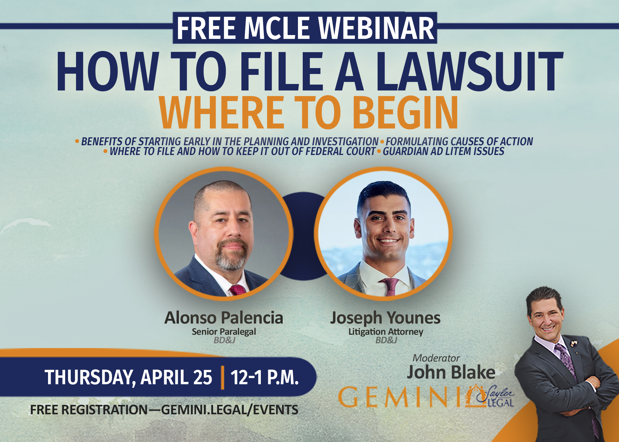 Gemini Legal civil free mcle webinar. How to File a Lawsuit - How to Begin on 4/25/2024 from 12-1 p.m. 